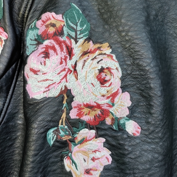 Joe's Collection Floral Embroidered Black Faux Leather Bomber Jacket - Picture 9 of 15